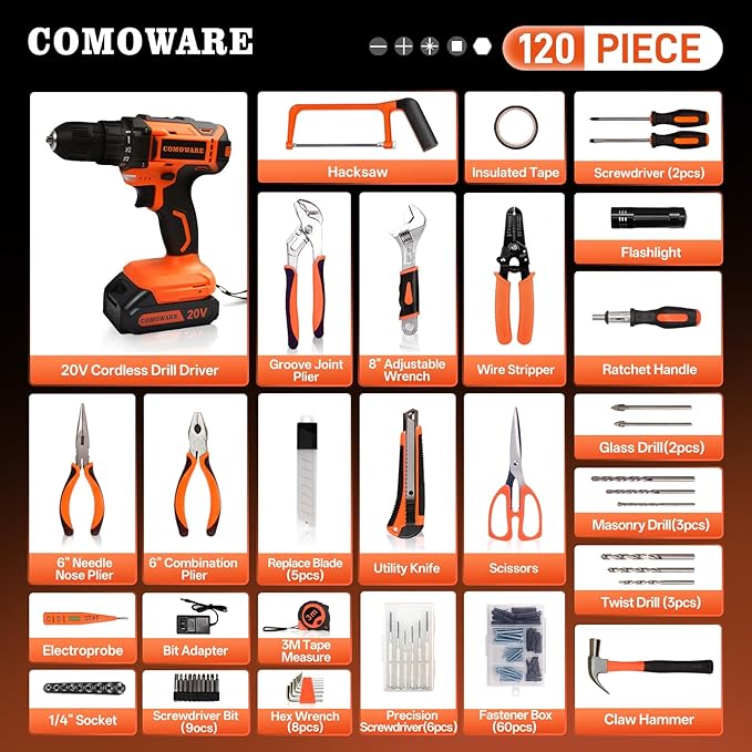 COMOWARE 20V Cordless Drill Set Combo Kit,120 Pcs Tool Kit for Home, Household Tool Sets for Men, Basic Tool Kit with Power Drill, Tool Set with Drill for Garden Office Home Repair