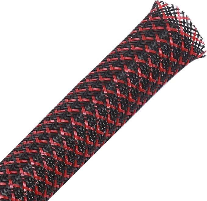 25ft - 1/2 inch PET Expandable Braided Sleeving – BlackRed – Alex Tech Braided Cable Sleeve