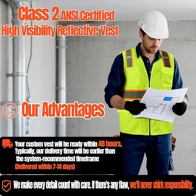 BeautyWill Custom Safety Vest Customized Logo Class 2 High Visibility Reflective Vest with Pockets Construction workwear