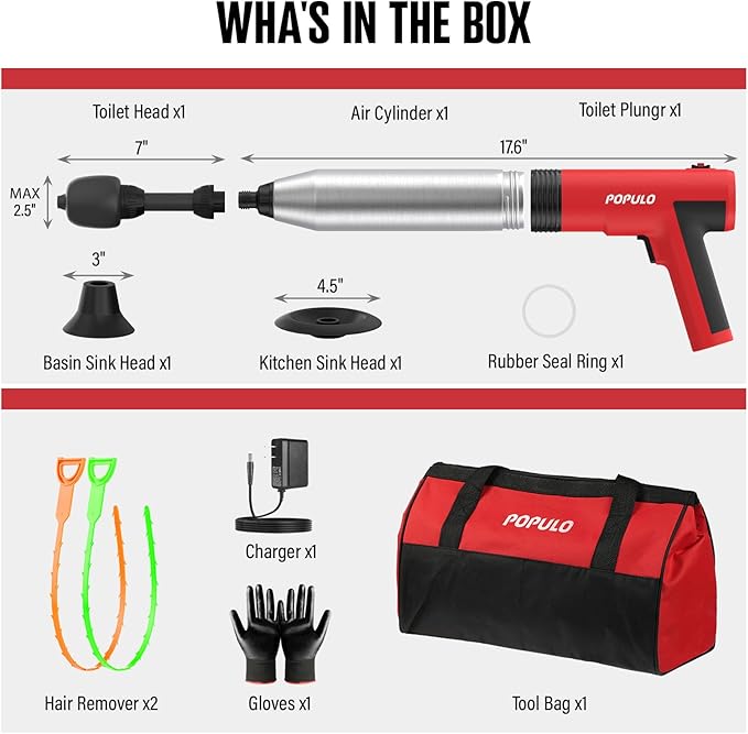 POPULO Electric Toilet Plunger Swift High Pressure Drain Unclogger Plungers for Bathroom, Floors, Shower Heavy Duty Versatile Home Toilet Clog Remover