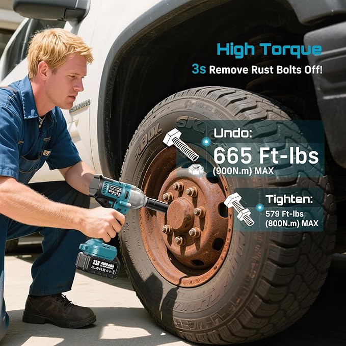 Seesii Impact Wrench 665 FT-LBS(900N.m) 3300IPM 1/2 Impact Gun High Torque Electric Cordless Impact Wrench with 21V 1x4.0Ah Battery 6 Sockets and Case for Home Car Truck Tire Lug Nut Removal Tool Set