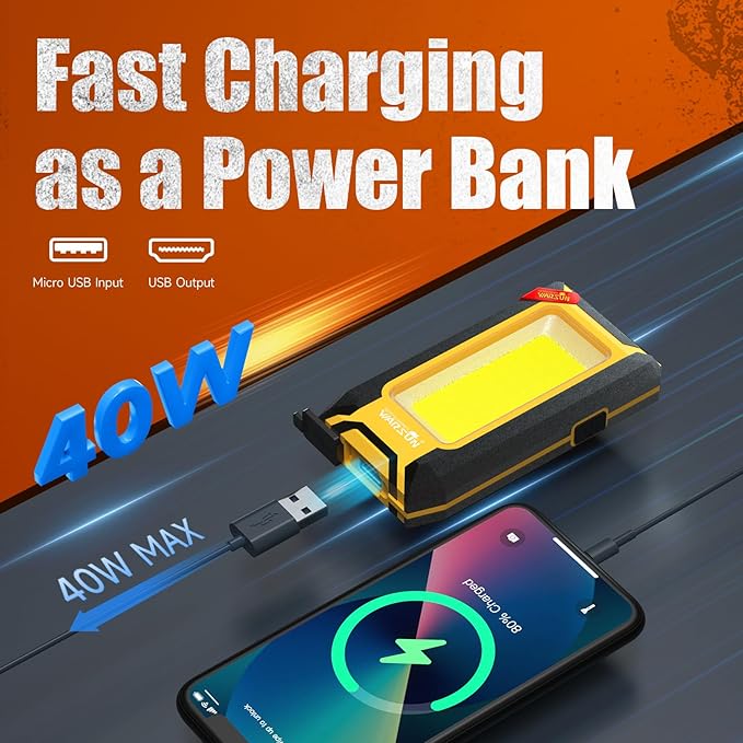 WARSUN 2PC LED Work Light Rechargeable, Magnetic COB Portable Worklights, 40w 1500 Lumens,Metal Hanging Hook 3 Lighting Modes, Job Site Lighting for Car Repairing,Camping,Hunting,Yellow Blue