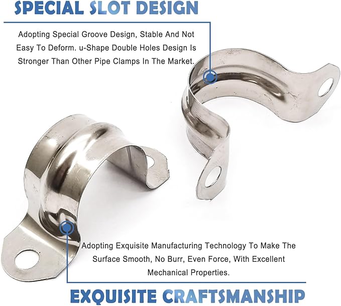 Nge 3/4inch Rigid Pipe Strap Clamp-Two Hole Strap-U Bracket Tube Clip-Stainless Steel Heavy Duty Pipe Fasten Holder-Secures Conduit，50Pcs（25mm)