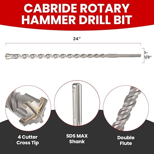 1-1/8" X 24 in SDS MAX Bits - Rotary Hammer Drill Bits, Carbide Masonry Drill Bits for Concrete, Stone and Brick, SDS MAX Hammer Double Flute