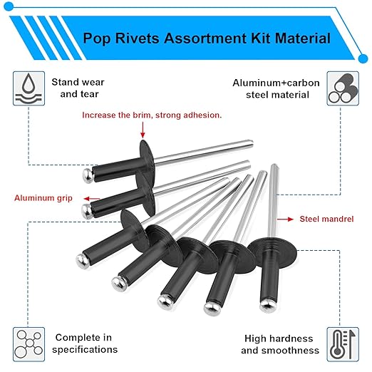 smseace 800pcs Black Pop Rivets with Large Flange Rivets Assortment Kit 7-Sizes Black Rivets with Large Head(1/8" 3/16" 1/4") 8-Sizes Small Rivets (3/32" 1/8" 5/32" 3/16") Pop Rivets Assortment kit