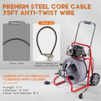 Albott 75 FT x 1/2 inch Electric Drain Cleaner Machine with Auto-Feed & 9 Cutters, Sewer Snake Auger for 1–4 Inch Pipes, Foot Switch & Wheels, Ideal for Home & Commercial Use, Grey/Red