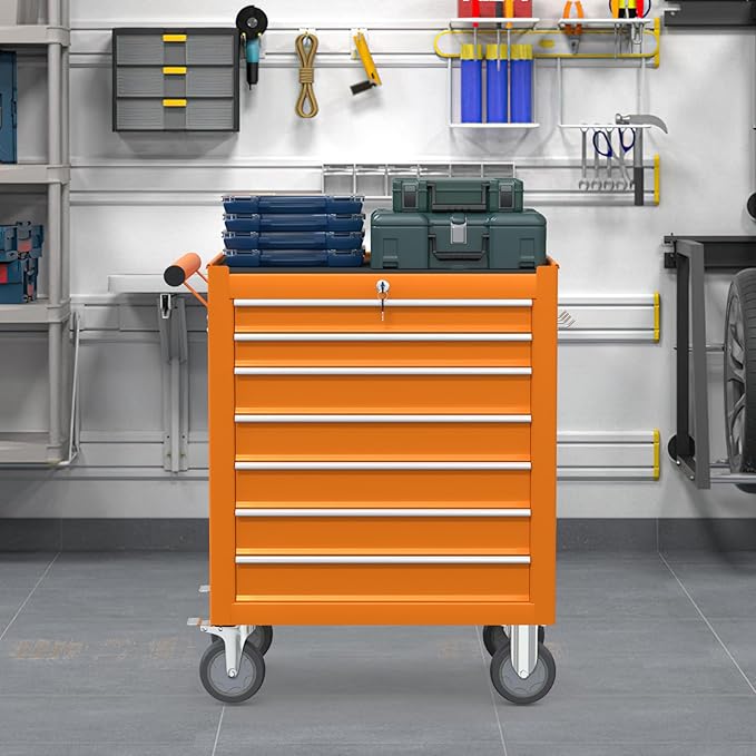 7 Drawers Rolling Tool Chest, Large Capacity Metal Tool Box with Wheels and Drawers, Tool Storage Cabinet with Keyed Locking, Tool Organizer Box for Garage, Workshop, Warehouse, Orange