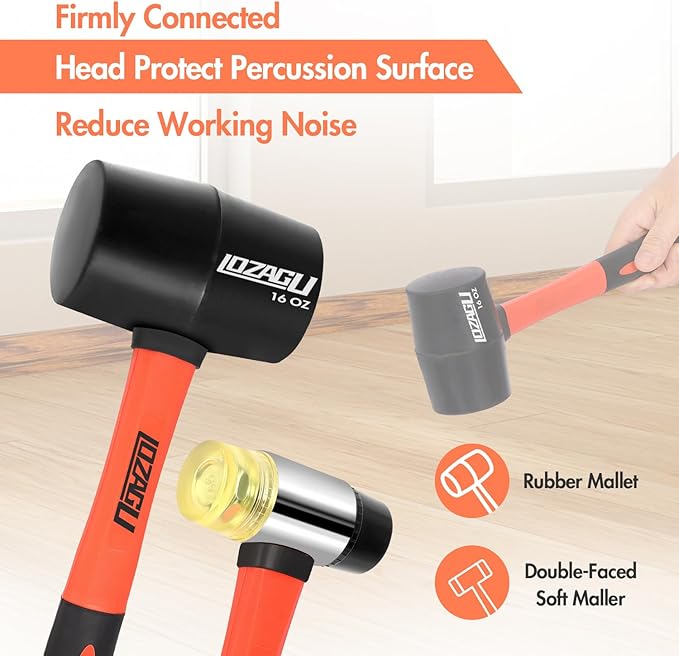2-Pack Rubber Mallet Hammer Set, 16oz & 35mm Tool for Flooring, Tent Stakes, Woodworking, Camping, Crafts, Jewelry Wood