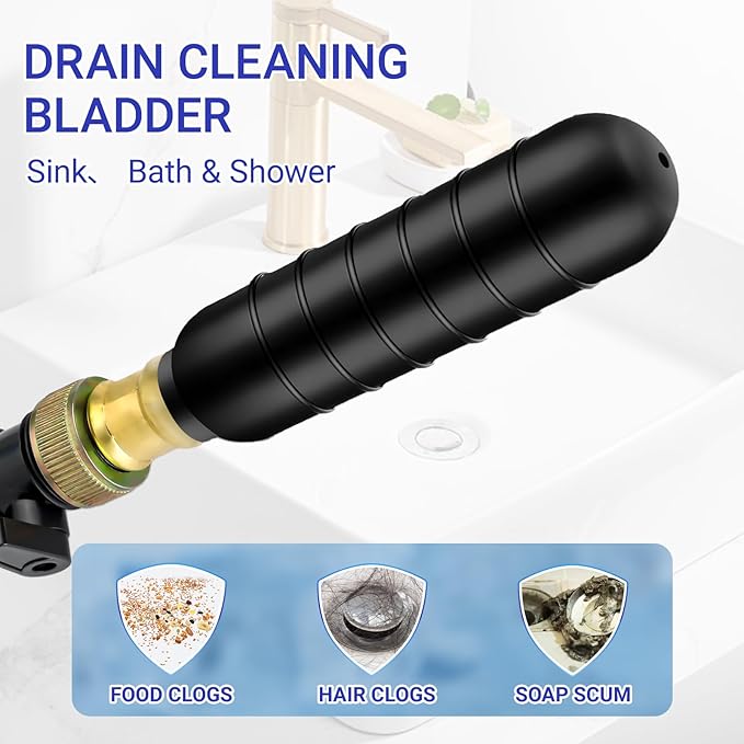 Drain Cleaning Bladder- Fits 1" to 2" Pipes, 3/4" Hose Thread Valve,Ideal for Sinks, Showers, Tubs & Sewer Lines, Rubber, Easy Daily Use, Cold Water Only (M:1.5" to 3")