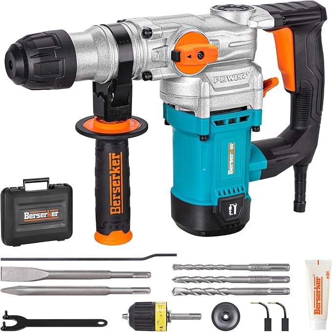 Berserker 1-1/8" SDS-Plus Rotary Hammer Drill with 1/2" SDS Plus Shank Keyless Chuck Adapter, 9 Amp 3 Functions Corded Rotomartillo for Fast Drilling in Concrete,Brick,Masonry,Metal,Wood