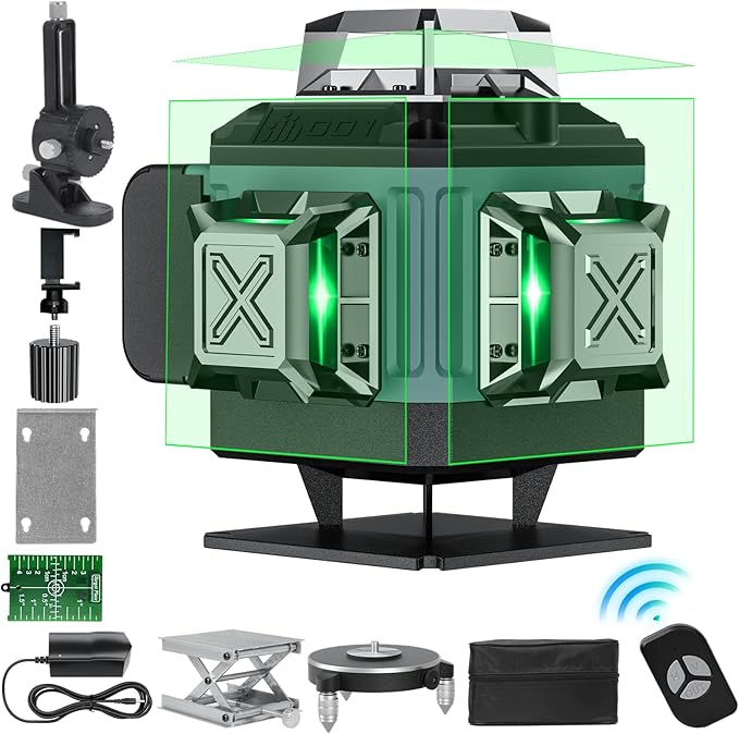 16 Line Laser Level, 4x360° Green Laser Line Self-Leveling Tool, Upgraded IP65 Metal Housing, Lazer Leveler Tool for Construction and Hanging Pictures, 2 Batteries & Remote Control