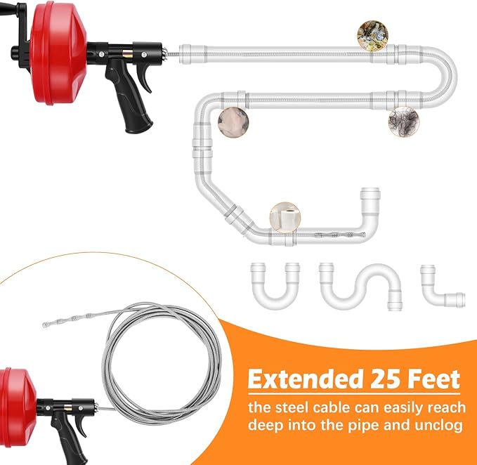 25 FT Plus Double Mode Drain Snake Tools, 13-in-1 Drain Auger for Sink and Drain Unblocking, Plumbing Snake for Kitchen, Bathrom and Shower Sink, Snake for Real DYIs[Upgraded 4.0]