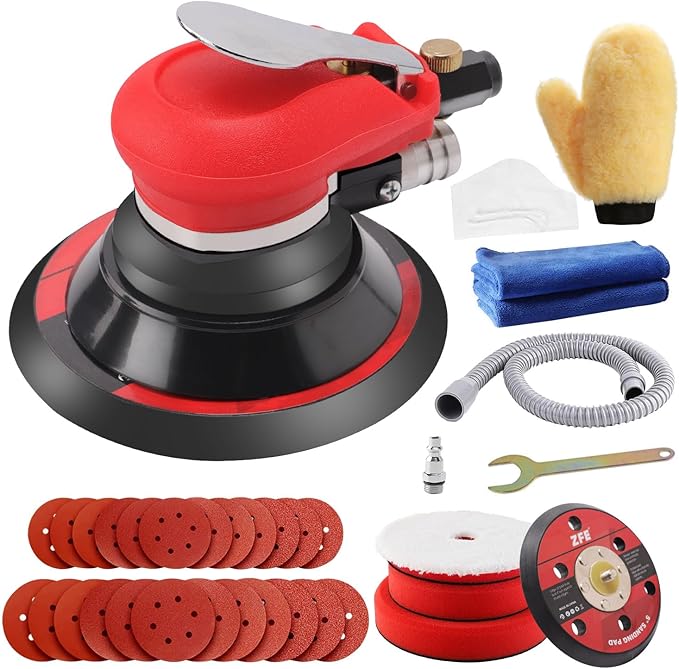 Random Orbital Sander 5" & 6" Pneumatic Palm Sander with Extra 5" Backing Plate, Sponge Polishing Pads, Sandpapers Low Vibration and Heavy Duty for Wood, Composites, Metal