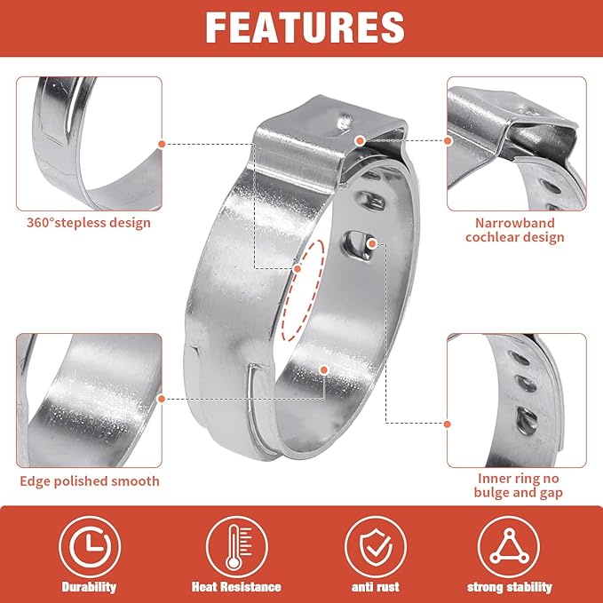 AKIHISA 300pcs 16 Sizes Single Ear Hose Clamps, 5.3-36.1mm Stainless Steel_304 Crimp Hose Clamps Cinch Rings Assortment Kit for Automotive, Pipe, Plumbing