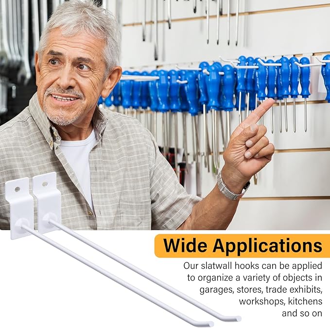 Moxweyeni 100 Pack Slatwall Hooks Slatwall Accessories Slat Wall Hanging Pegboard Hangers Slat Board Display Hooks for Retail Garage Organization Gridwall, White(9.8 Inch)