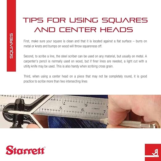 Starrett Steel Combination Square with Square Head - 12" Blade Length, Cast Iron Heads, Reversible Lock Bolt, Scriber, Spirit Level, 4R Graduation Type - 11H-12-4R