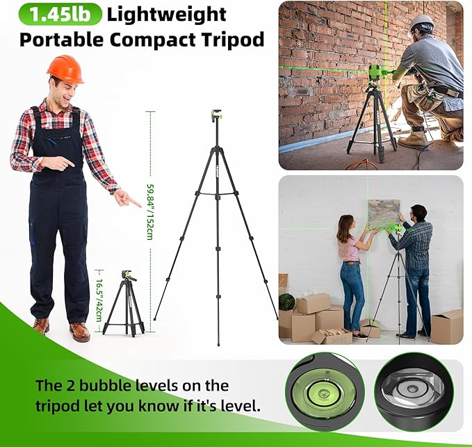 Laser Level with 60in Tripod, HUEPAR 98Ft Self Leveling Laser Level Green Line Laser Cross Line Laser Leveler Tool for Picture Hanging, Tile, Home Renovation, Indoor Project, Battery&Goggles Included