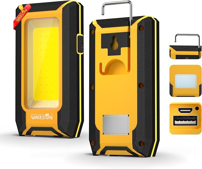 WARSUN LED Work Light Rechargeable, Magnetic COB Portable Worklights, 40w 1500 Lumens,Metal Hanging Hook 3 Lighting Modes, Job Site Lighting for Car Repairing,Camping,Hunting (Yellow)