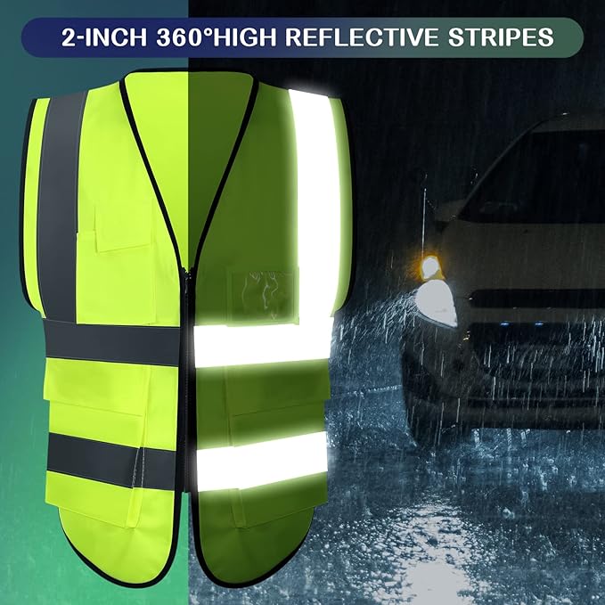 15 Pack Reflective Safety Vests with Pockets and Zipper Construction Work High Visibility Vest for Men Women(Medium,Fluorescent Green)
