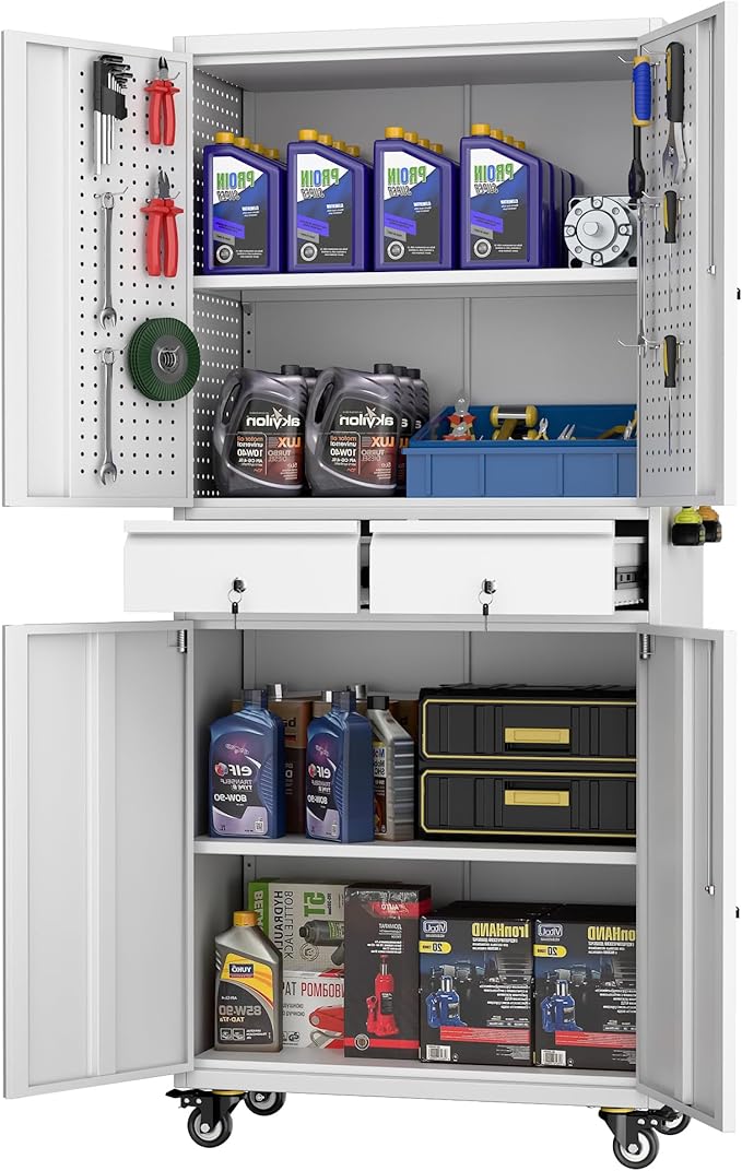 71" H Metal Garage Storage Cabinet with Wheels and Doors,Rolling Tool Cabinet with Pegboard and 2 Lockable Drawer for Garage Warehouse Home,Required Assembly,White