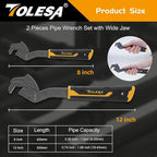 TOLESA Self Adjusting Pipe Vise Wrench, Wide Jaw 0.35"-1.7", 8” and 12” Pipe Wrench