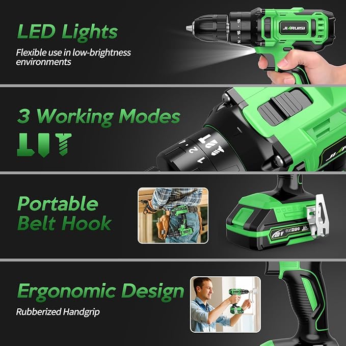 20V Cordless Drill, Electric Power Drill Set with Battery Charger, 3/8” Keyless Chuck, 2 Variable Speed, 18+3 Torque, 72pcs Driver Bits and Belt Hook, Green