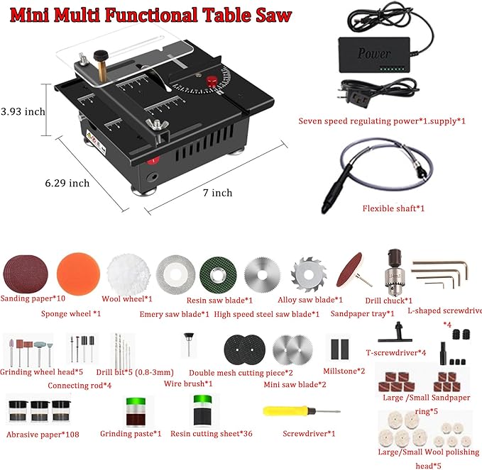Mini table Saw, 7 Speed Adjustable Power Supply,Multi-Functional mini Table Saw for Crafts, Speed & Angle Adjustable, DIY Machine for Wood,Acrylic,Plastic,PCB cutting