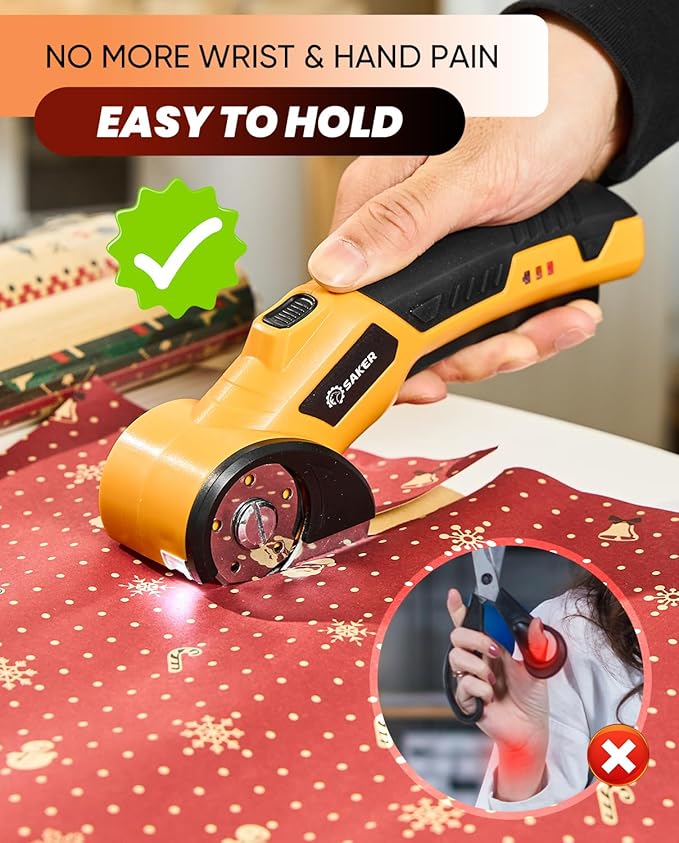 Saker Cordless Electric Scissors,Cardboard Box Cutter,4V Rechargeable Rotary Cutter with Safety Lock & LED Light,Cardboard Cutter for Cutting of Fabric, Leather, Carpet, Plastic, and More(2 Blades)