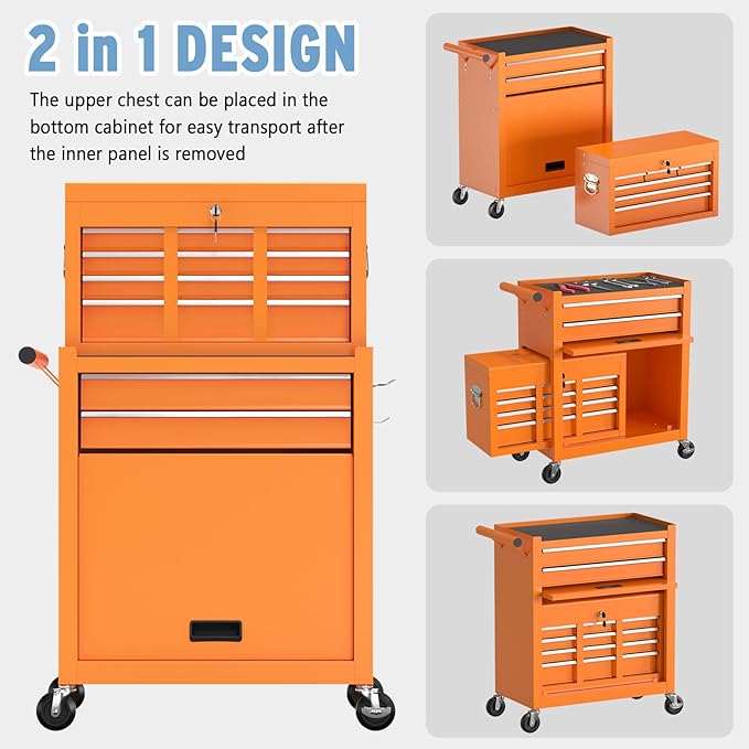 8 Drawer High Capacity Rolling Tool Chest, Metal Tool Box with Wheels and Drawers, Detachable Toolbox with Lock, Heavy Duty Tool Cabinet for Workshop, Warehouse and Garage (Orange)
