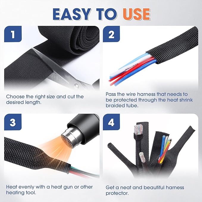 2:1 Heat shrinkable Braided Sleeving Fabric Wire Loom High Temp Heat Shrink Wiring Harness Abrasion Protector Cable Sleeve(1/2"-34ft)