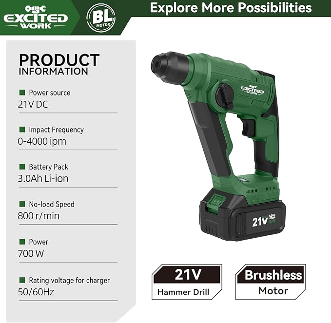 21V Max Cordless 2.0J Rotary Hammer Drill Kit with 3.0 Ah Battery, Brushless Motor and 2 Functions for Concrete, Fast Charger, 4000IPM, 3 Drills for Masonry, Metal and Wood