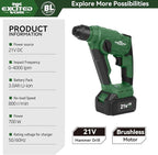 21V Max Cordless 2.0J Rotary Hammer Drill Kit with 3.0 Ah Battery, Brushless Motor and 2 Functions for Concrete, Fast Charger, 4000IPM, 3 Drills for Masonry, Metal and Wood