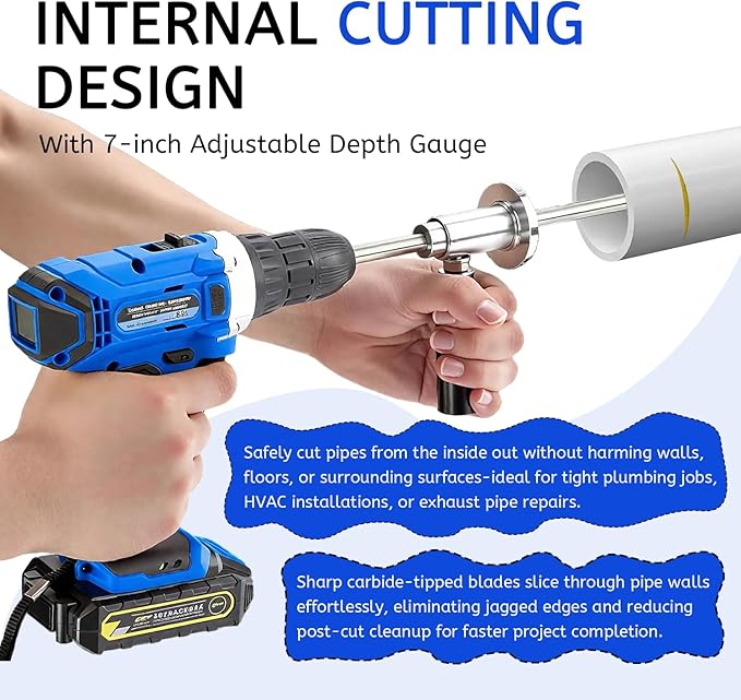 Inside Pipe Cutter for PVC Pipe - Internal PVC Pipe Cutter Tool Kit with Adjustable Depth Gauge & Hex Shank for Plastic, ABS, Exhaust Pipes
