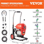 VEVOR Drain Cleaner Machine 120FT x 6/5 Inch, 1100W Electric Sewer Snake Auger Manual Feed - with 6 Cutters and CW/CCW Control for 4" to 8" Pipes
