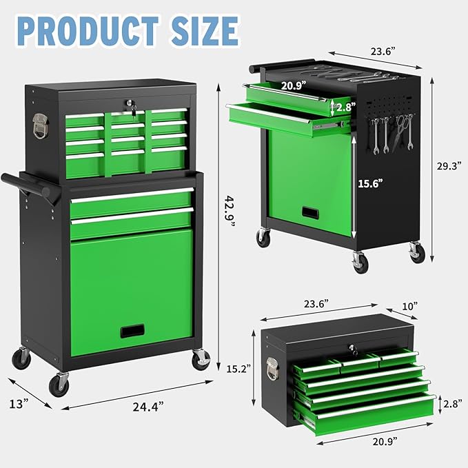 8 Drawer High Capacity Rolling Tool Chest, Metal Tool Box with Wheels and Drawers, Detachable Toolbox with Lock, Heavy Duty Tool Cabinet for Workshop, Warehouse and Garage (Black Green)