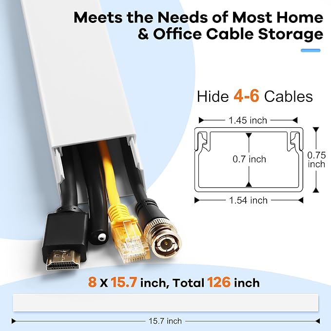 Cord Hider Kit 126in (8 x L15.7in) - ZhiYo Cable Covers for Wires on Wall, Wire Hider for Wall Mounted TV, White Cable Raceway, Paintable Cord Cover Cable Management for Home Office, W1.54in x H0.75in