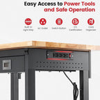 Workbench with Wheels 60 x 22 Inch Heavy Duty Rubber Wood Tabletop Work Bench with Pegboard, Drawers, Power Outlets Adjustable Height Work Table for Woodworking Shop, Home, Office