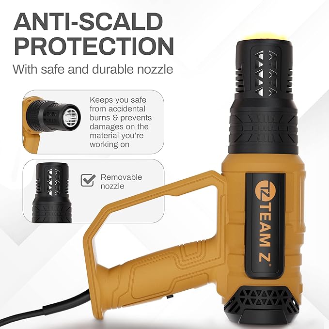Team Z Premium Heavy Duty Heat Gun Kit with Case – Upgrade LCD Display, Overload Protection & 10 Sec Delayed Turn Off Function - High Temp (140F – 1202F) Hot Air Gun for Vinyl Wrap, Shrink Tubing