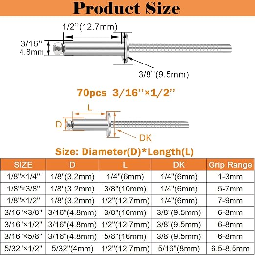 70pcs 3/16 x 1/2 inch 304 Stainless Steel Pop Rivets, 4.8 x 12.7mm Blind Rivets for DIY/Automotive Repairs/Furniture