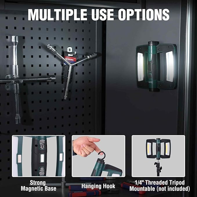 WORKPRO Rechargeable USB-C LED Work Light, Foldable Magnetic Light with Hanging Hook, 270° Rotatable, Tripod Mountable, Cordless Flashlight Light for Garage, Workshop, Auto Repair, Camping