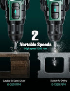 KIMO Hammer Drill - 20V 2X Battery Hammer Drill Cordless Drill Set, 350 In-lb Torque, 3/8" Keyless Chuck, 1350 RPM, 21+3 Position,14pcs Drill/Driver Bits, Power Drill Drivers for Concrete Brick Wall