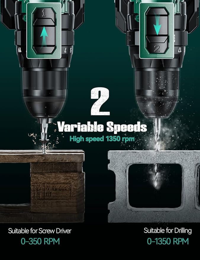 KIMO Hammer Drill - 20V 2X Battery Hammer Drill Cordless Drill Set, 350 In-lb Torque, 3/8" Keyless Chuck, 1350 RPM, 21+3 Position,14pcs Drill/Driver Bits, Power Drill Drivers for Concrete Brick Wall