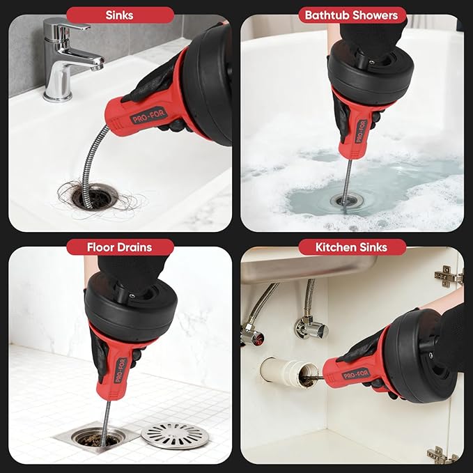 PFO-FOR Drain Auger for 3/4"-2" Pipe, Plumbing Snake Hair Drain Clog Remover, 16.5 ft Cable Unblocking Hand Auger Cleaner Tools, Manual Or Powered for Sink Kitchen Bathroom Shower Bathtub