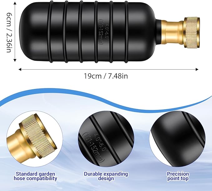 Drain Cleaning Bladder- Fits 1" to 2" Pipes, 3/4" Hose Thread Valve,Ideal for Sinks, Showers, Tubs & Sewer Lines, Rubber, Easy Daily Use, Cold Water Only (L:4" to 6")
