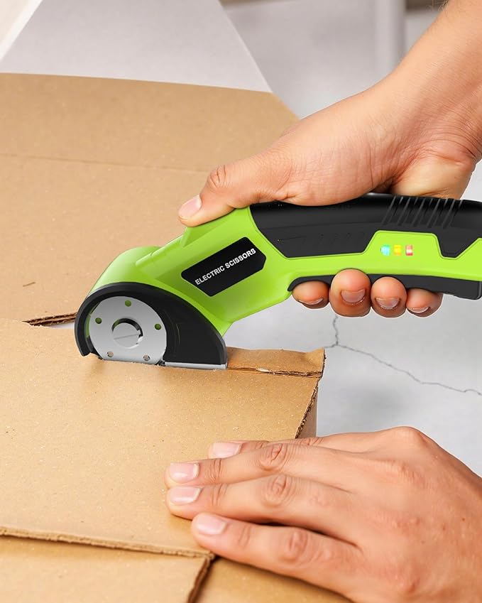 4.5V Cordless Electric Scissors, Cardboard Cutter with 2 Safety Blades,Rechargeable Box Cutter for Fabric,Lightweight Tool for DIY with Safety Lock and LED Light.