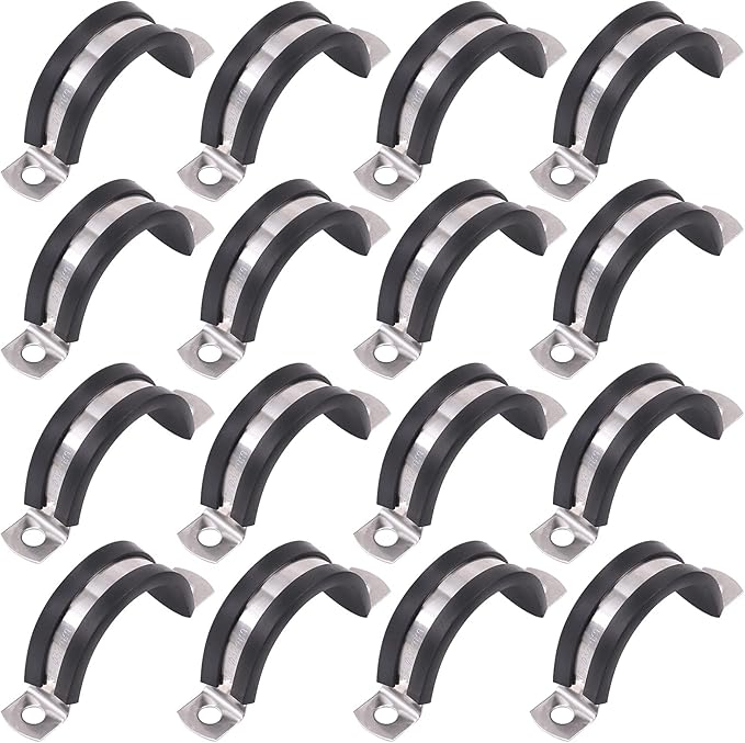 Glarks 16Pcs 32MM 2 Hole U-Tube Strap Clamp Set 304 Stainless Steel Rubber Cushion Rigid Pipe Strap U Bracket Tube Strap Assortment Kit For Pipe Tube Fixing (32mm)
