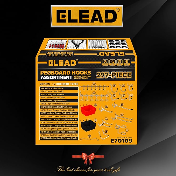 ELEAD 297 Piece Pegboard Hooks Kit, Peg Board Organizer Accessories with Bins for Organizing Various Tools, Fit 1/8 or 1/4 inch Pegboard for Hanging Storage, Garage Kitchen Bathroom Craft Room