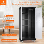 71" H Broom Closet Storage Cabinet with Wheels,Rolling Tool Cabinet with Lockable and Magnetic Doors,Adjustable Shelves and Pegboard for Garage Warehouse Home,Required Assembly,Black and White