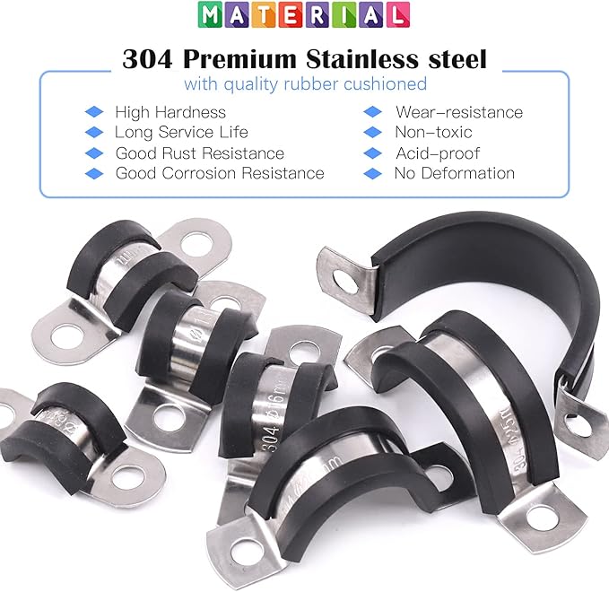 Glarks 16Pcs 45MM 2 Hole U-Tube Strap Clamp Set 304 Stainless Steel Rubber Cushion Rigid Pipe Strap U Bracket Tube Strap Assortment Kit For Pipe Tube Fixing (45mm)