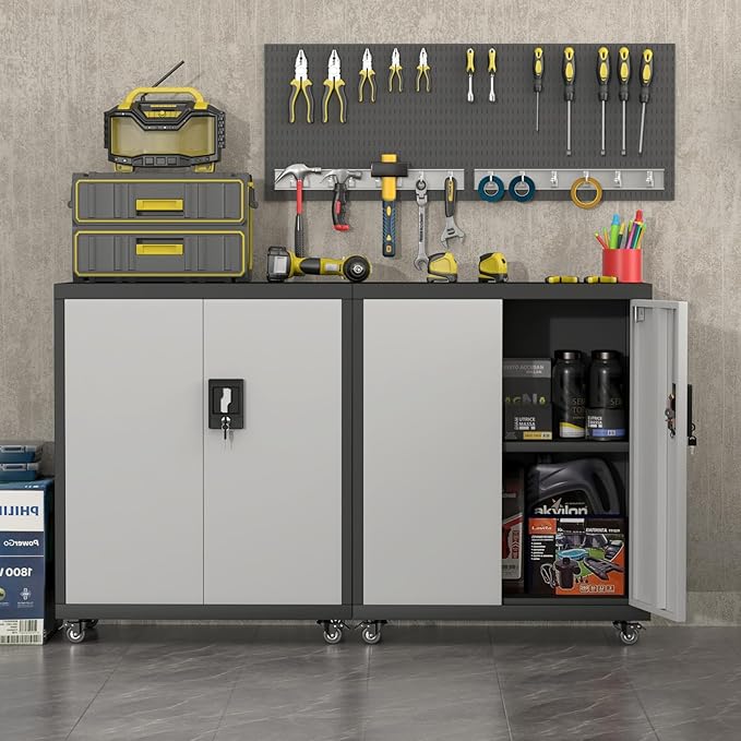 Metal Garage Storage Cabinet with Wheels,31.89" H Steel Lockable Cabinet with 2 Doors and 1 Adjustable Shelf, Small Rolling Cabinets for Home Office, Garage, BlackGrey
